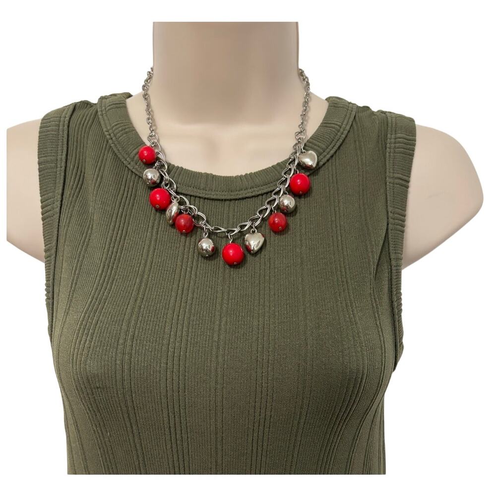 Women's Silver Tone Chain Red Beaded Heart Charm Necklace BOHO Coastal Timeless